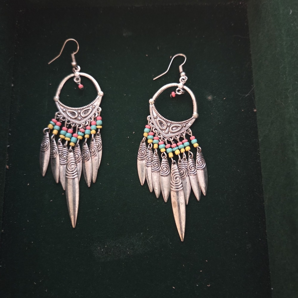 H&M Silver Tone Chandelier Earrings Multicolor Seed Bead Feather Dangle Drop